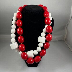 2 Chunky Beaded Statement Necklaces - White & Red - Mod Retro Rockabilly Style -